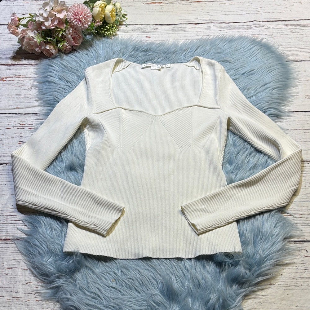 Veronica Beard Gladys Sweetheart Rib Top Sweater in Ivory sz M